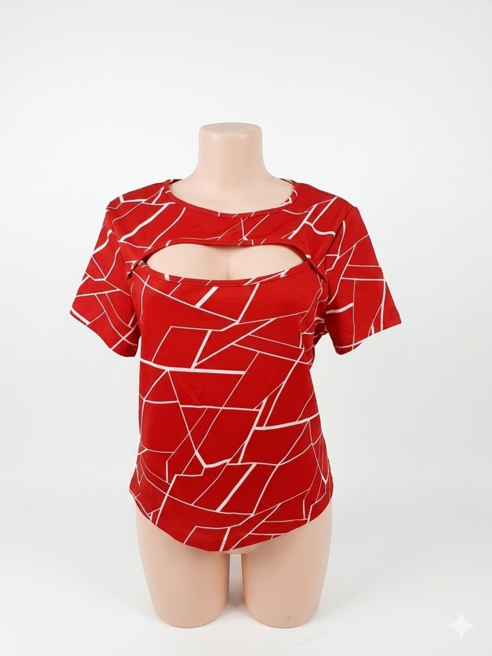 Women's Red Geometric Cutout Short Sleeve Top